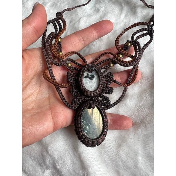 Artisan Braided Hemp Flash Labradorite + Rainbow Moonstone Necklace - Picture 3 of 4